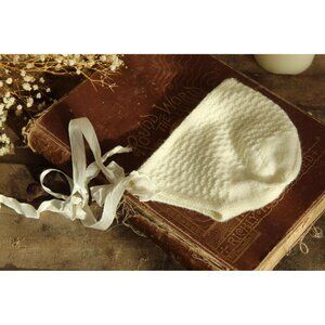 Vintage 1950s Baby Bonnet, Winter White Knit with Ribbon Ties, Infant Hat or Cap
